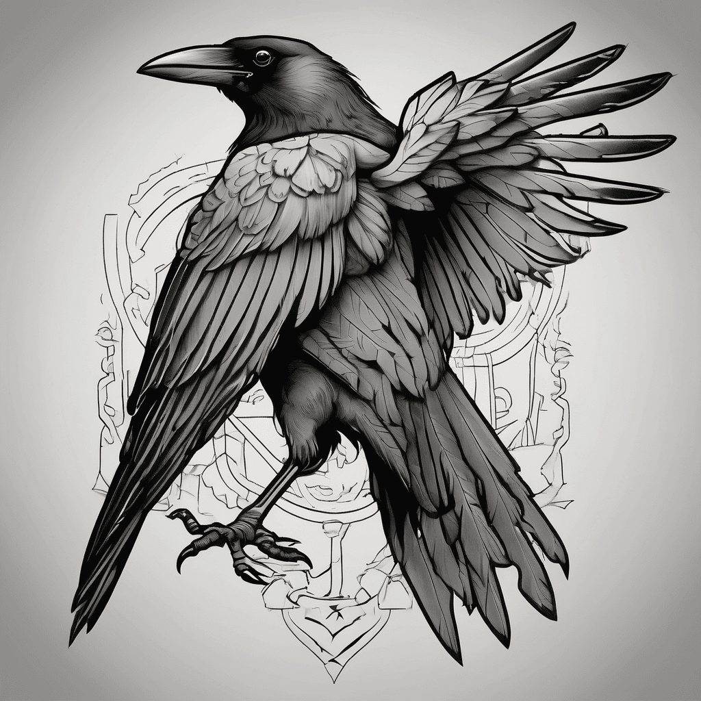A traditional crow with wings spread with dead rat in claws