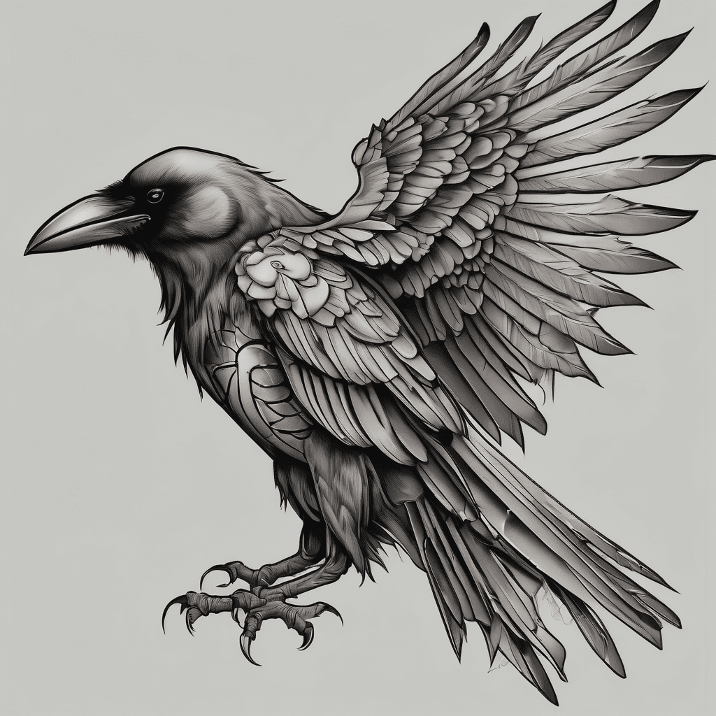 A traditional crow with wings spread with dead rat in claws