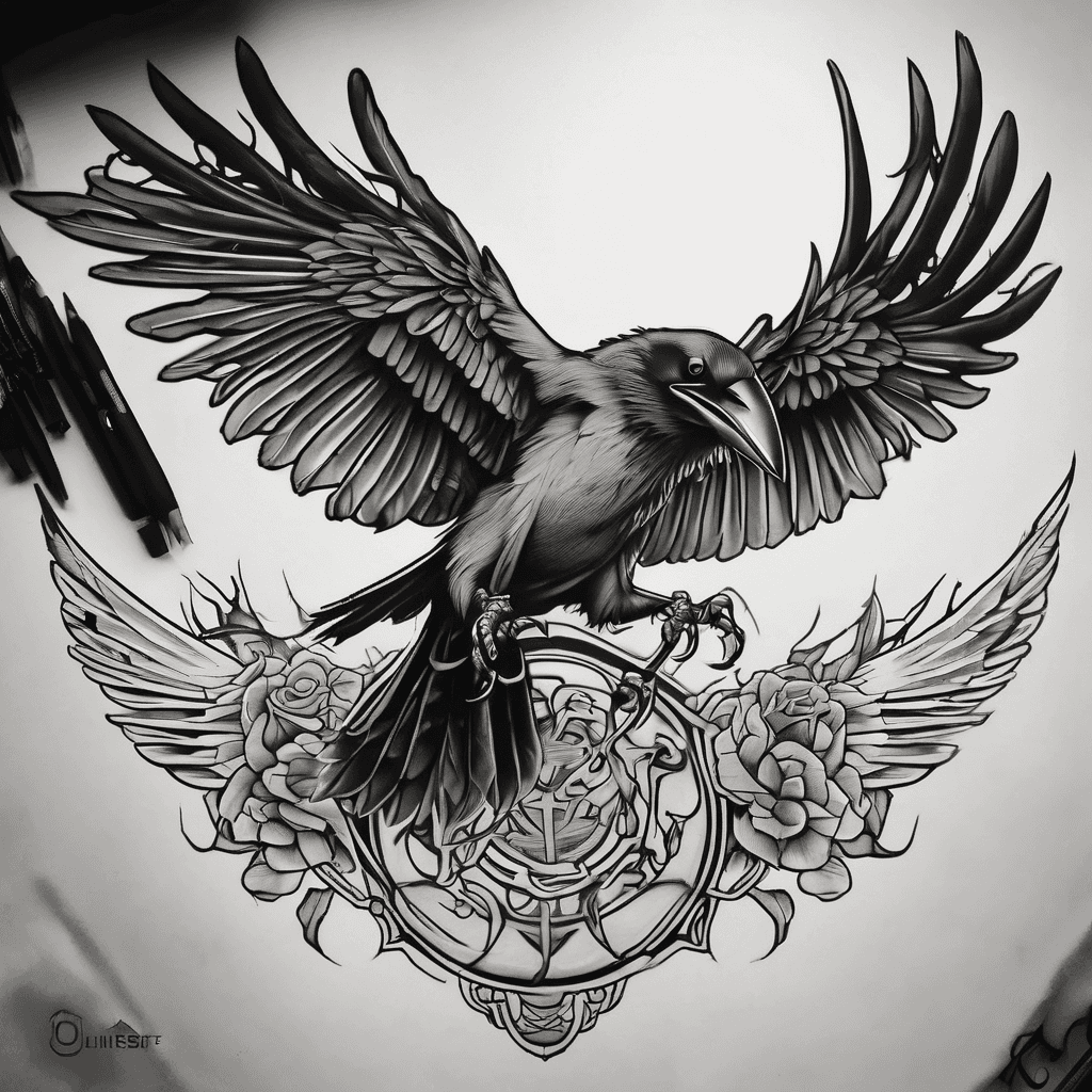 A traditional crow with wings spread with dead rat in claws
