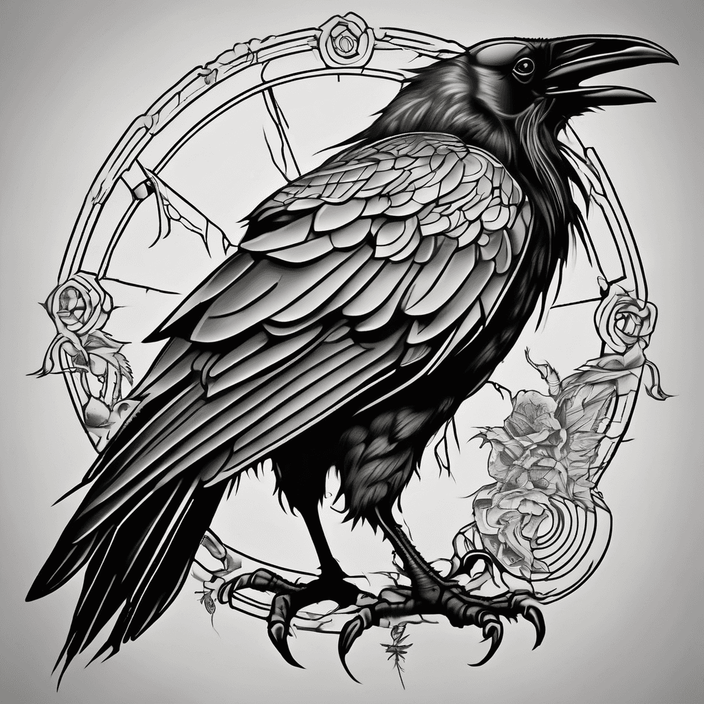 A traditional crow with wings spread with dead rat in claws