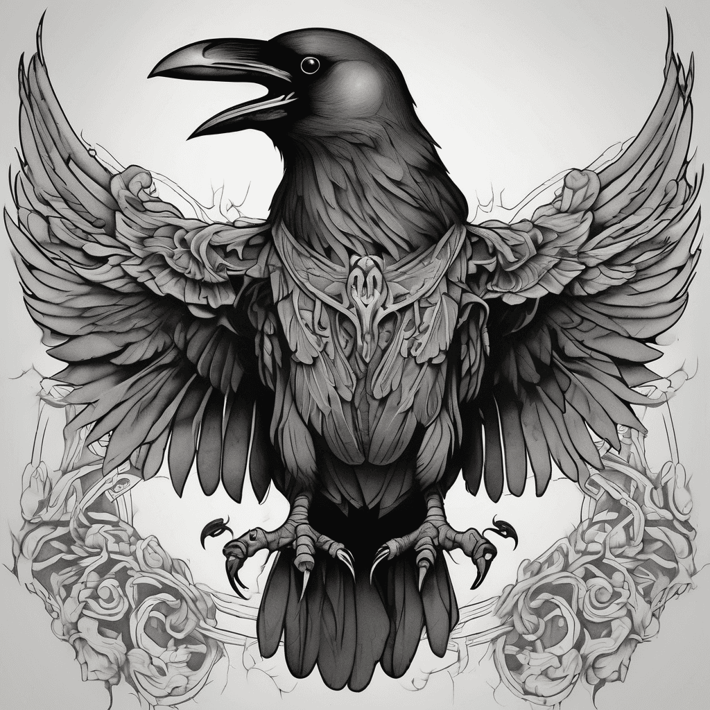 A traditional crow with wings spread with dead rat in claws