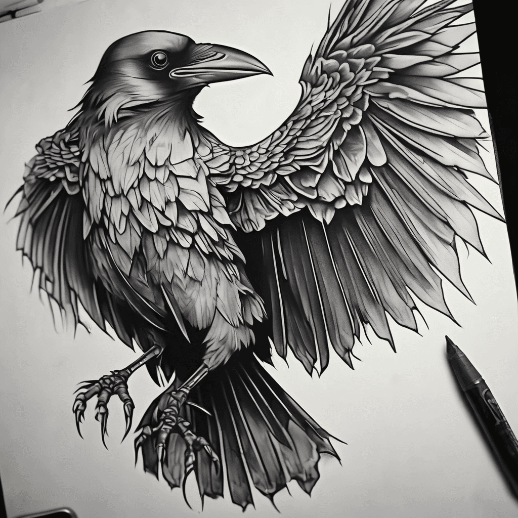 A traditional crow with wings spread with dead rat in claws