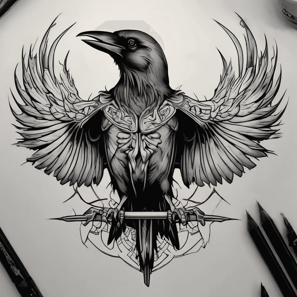 A traditional crow with wings spread with dead rat in claws