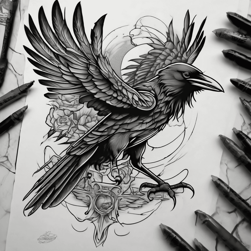 A traditional crow with wings spread with dead rat in claws