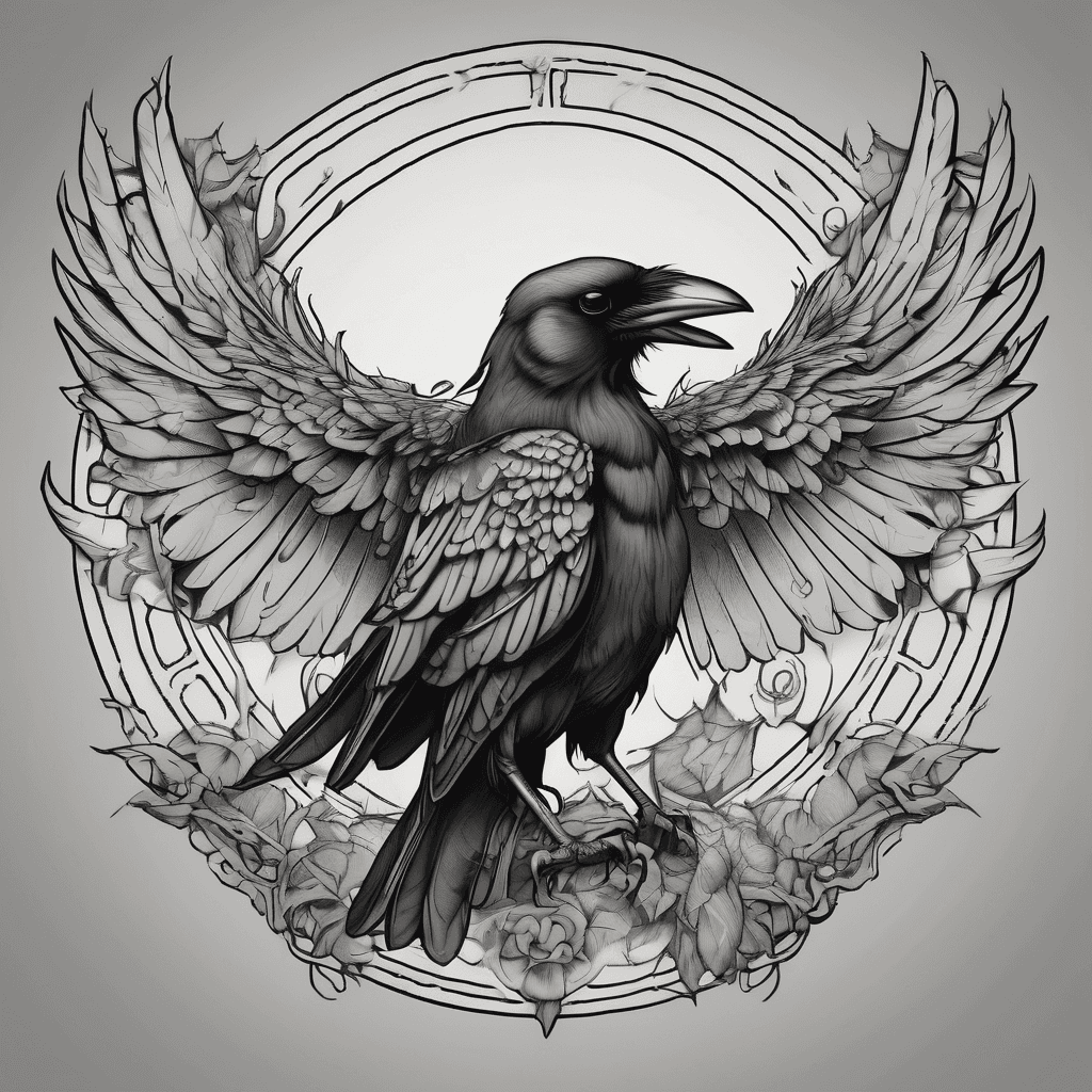A traditional crow with wings spread with dead rat in claws