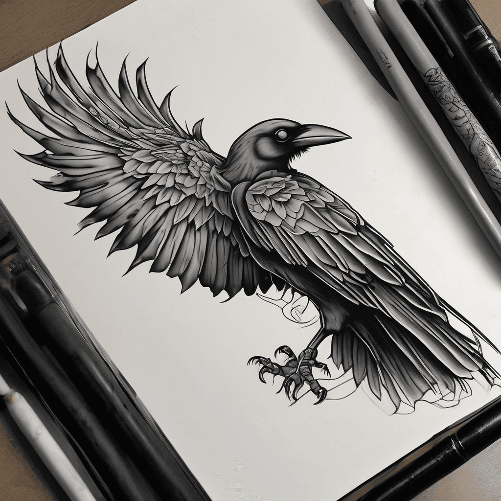 A traditional crow with wings spread with dead rat in claws