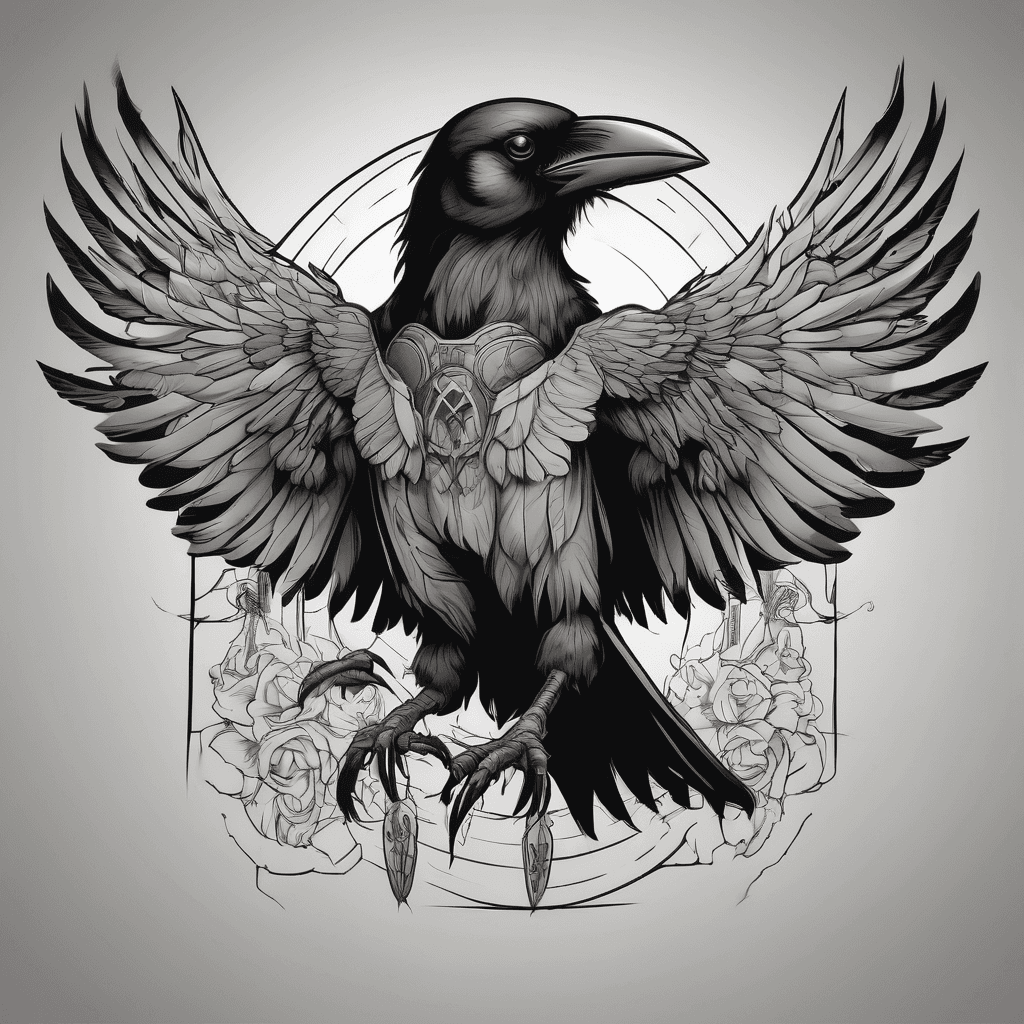 A traditional crow with wings spread with dead rat in claws