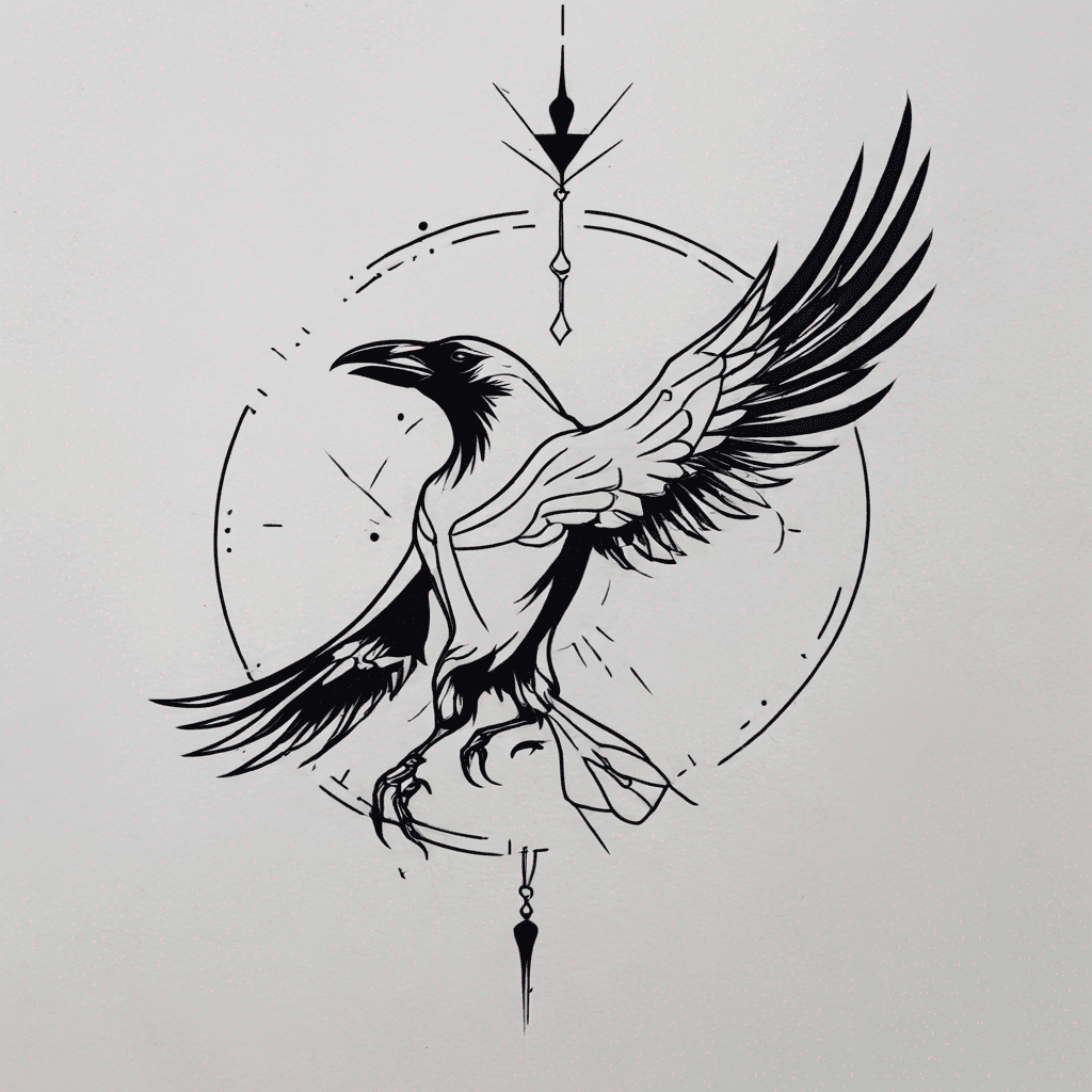 A traditional crow with wings spread with dead rat in claws