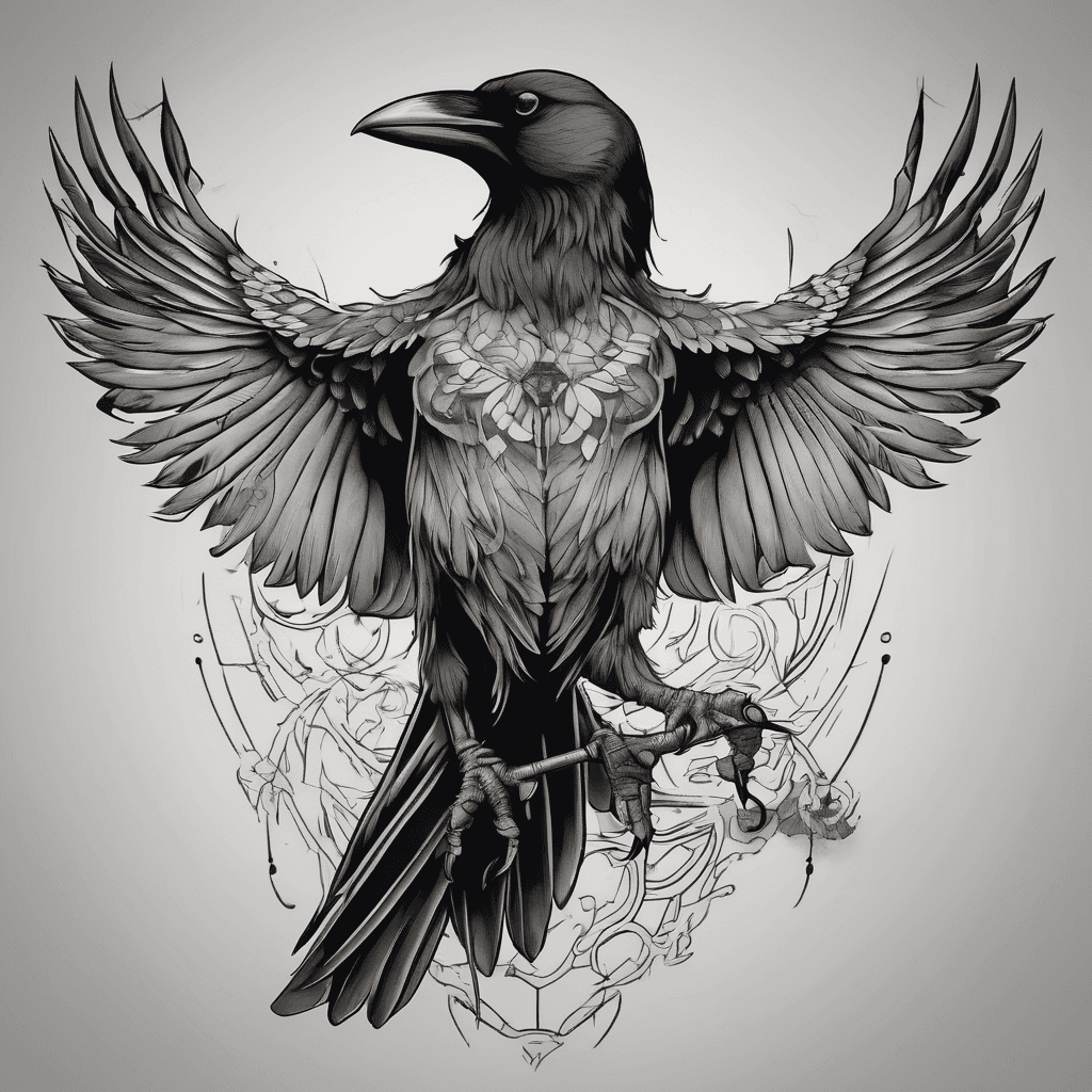 A traditional crow with wings spread with dead rat in claws