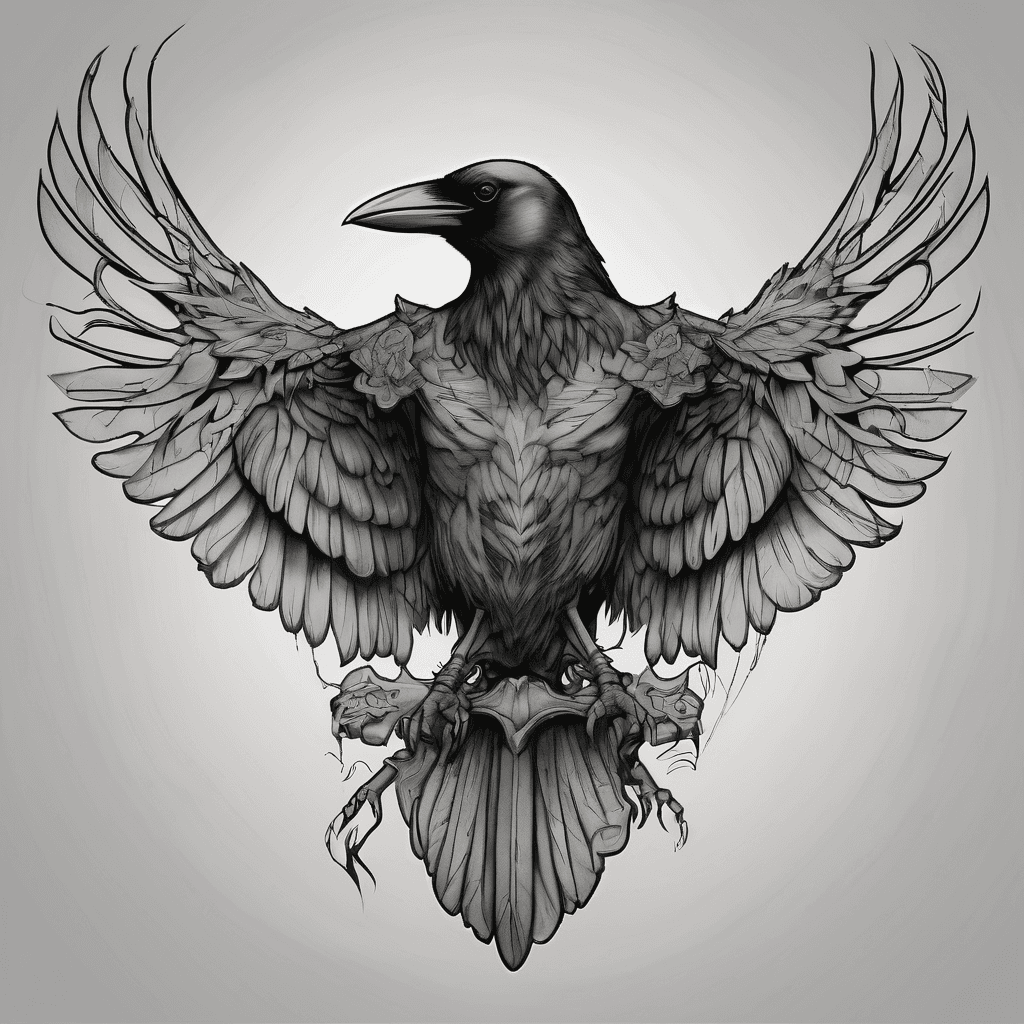 A traditional crow with wings spread with dead rat in claws