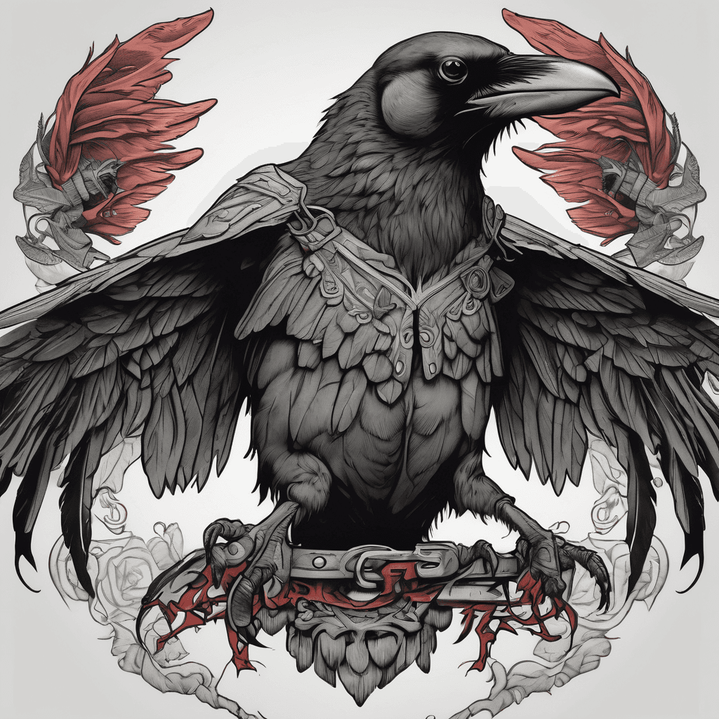 American traditional crow, wings spread, talons clutching a lifeless rat; bold black outlines, heavy gray shading, muted red accents, vintage feel