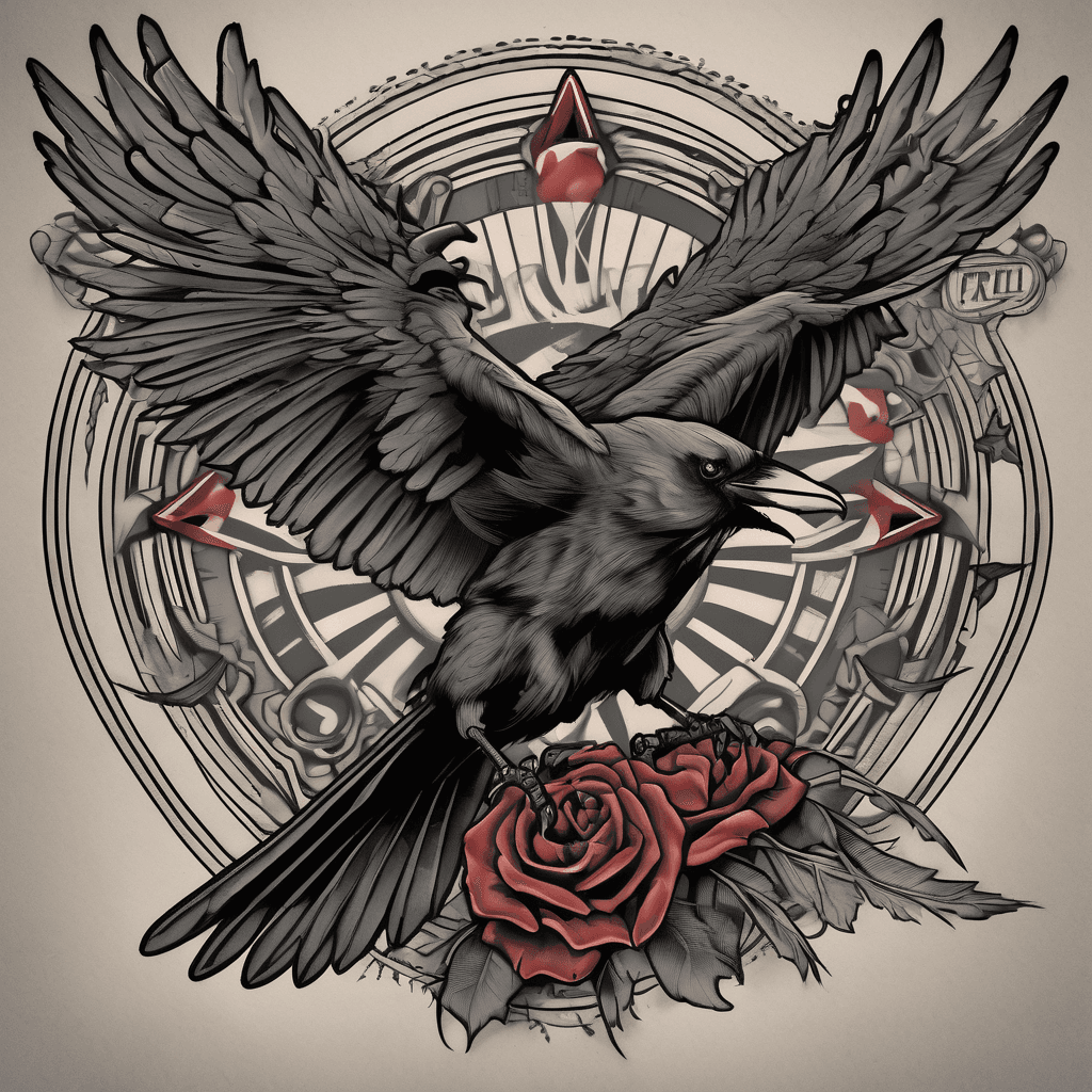 American traditional crow, wings spread, talons clutching a lifeless rat; bold black outlines, heavy gray shading, muted red accents, vintage feel