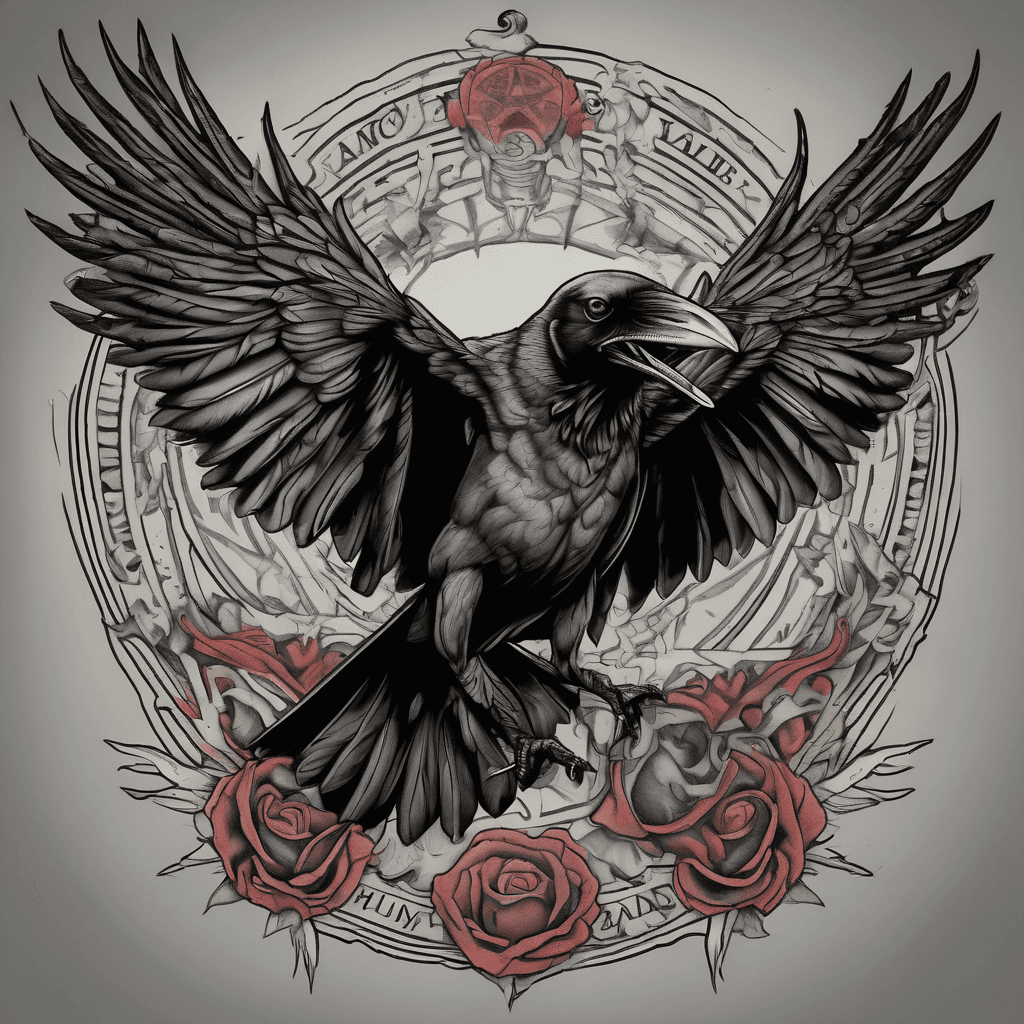 American traditional crow, wings spread, talons clutching a lifeless rat; bold black outlines, heavy gray shading, muted red accents, vintage feel