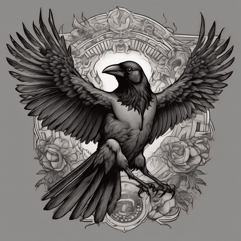 American traditional crow, wings spread, talons clutching a lifeless rat; bold black outlines, heavy gray shading, muted red accents, vintage feel