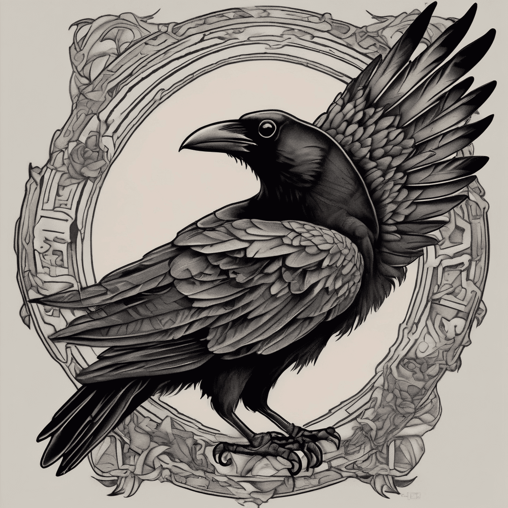 American traditional crow, wings spread, talons clutching a lifeless rat; bold black outlines, heavy gray shading, muted red accents, vintage feel