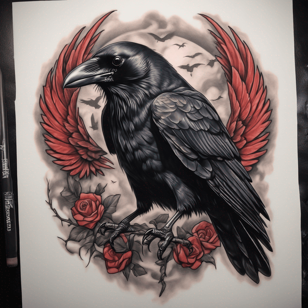 American traditional crow, wings spread, talons clutching a lifeless rat; bold black outlines, heavy gray shading, muted red accents, vintage feel