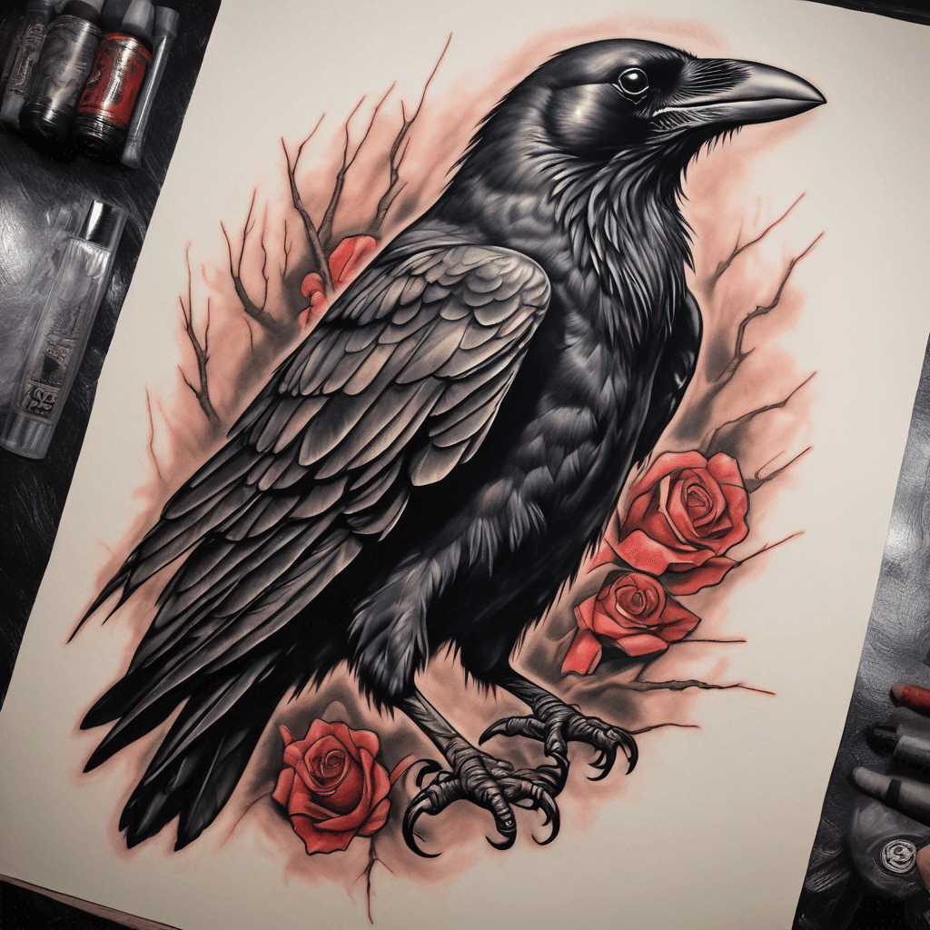American traditional crow, wings spread, talons clutching a lifeless rat; bold black outlines, heavy gray shading, muted red accents, vintage feel
