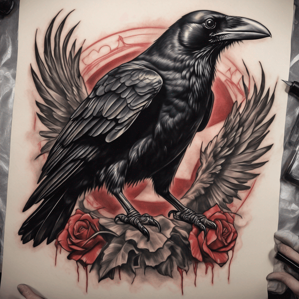 American traditional crow, wings spread, talons clutching a lifeless rat; bold black outlines, heavy gray shading, muted red accents, vintage feel