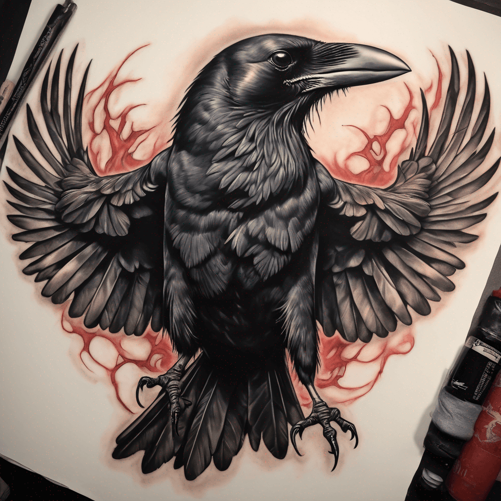 American traditional crow, wings spread, talons clutching a lifeless rat; bold black outlines, heavy gray shading, muted red accents, vintage feel