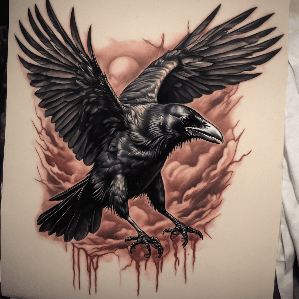 American traditional crow, wings spread, talons clutching a lifeless rat; bold black outlines, heavy gray shading, muted red accents, vintage feel