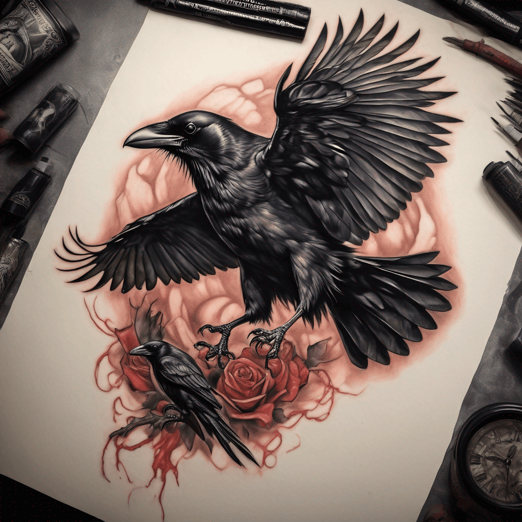 American traditional crow, wings spread, talons clutching a lifeless rat; bold black outlines, heavy gray shading, muted red accents, vintage feel