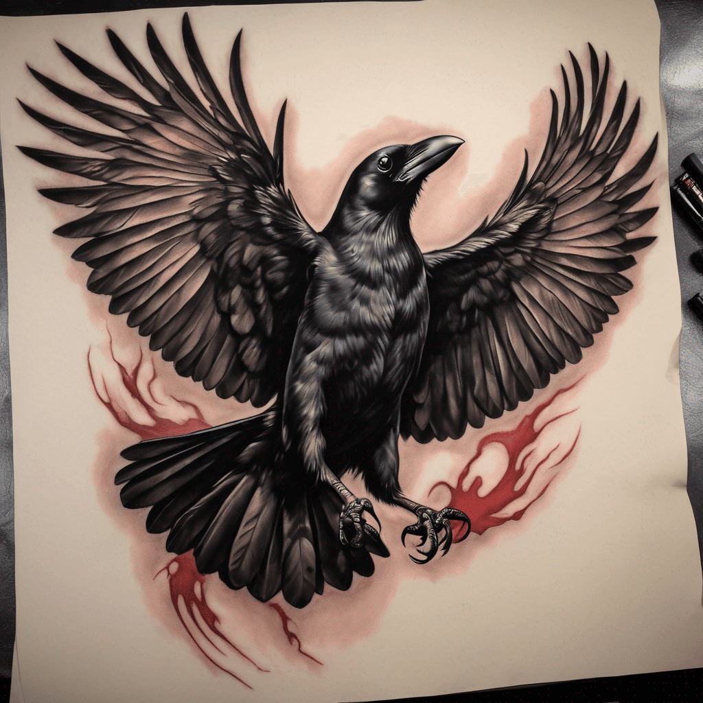 American traditional crow, wings spread, talons clutching a lifeless rat; bold black outlines, heavy gray shading, muted red accents, vintage feel