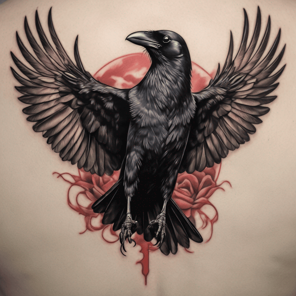 American traditional crow, wings spread, talons clutching a lifeless rat; bold black outlines, heavy gray shading, muted red accents, vintage feel