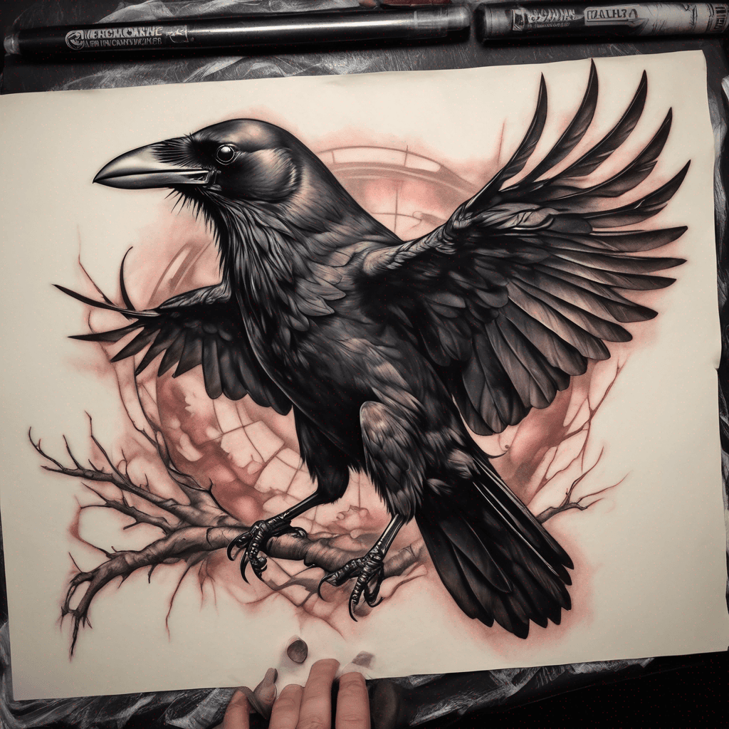 American traditional crow, wings spread, talons clutching a lifeless rat; bold black outlines, heavy gray shading, muted red accents, vintage feel