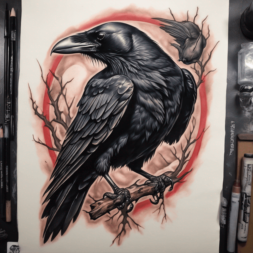 American traditional crow, wings spread, talons clutching a lifeless rat; bold black outlines, heavy gray shading, muted red accents, vintage feel