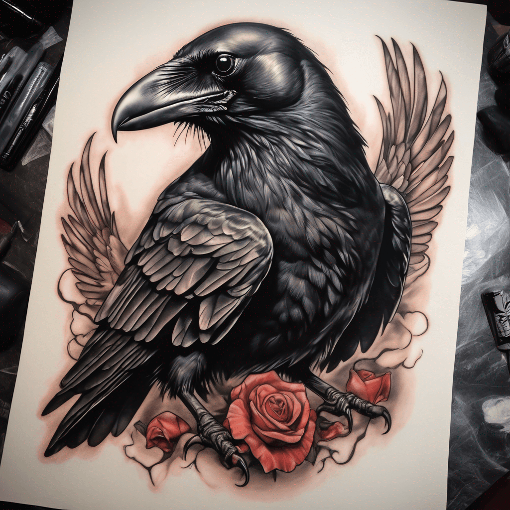 American traditional crow, wings spread, talons clutching a lifeless rat; bold black outlines, heavy gray shading, muted red accents, vintage feel