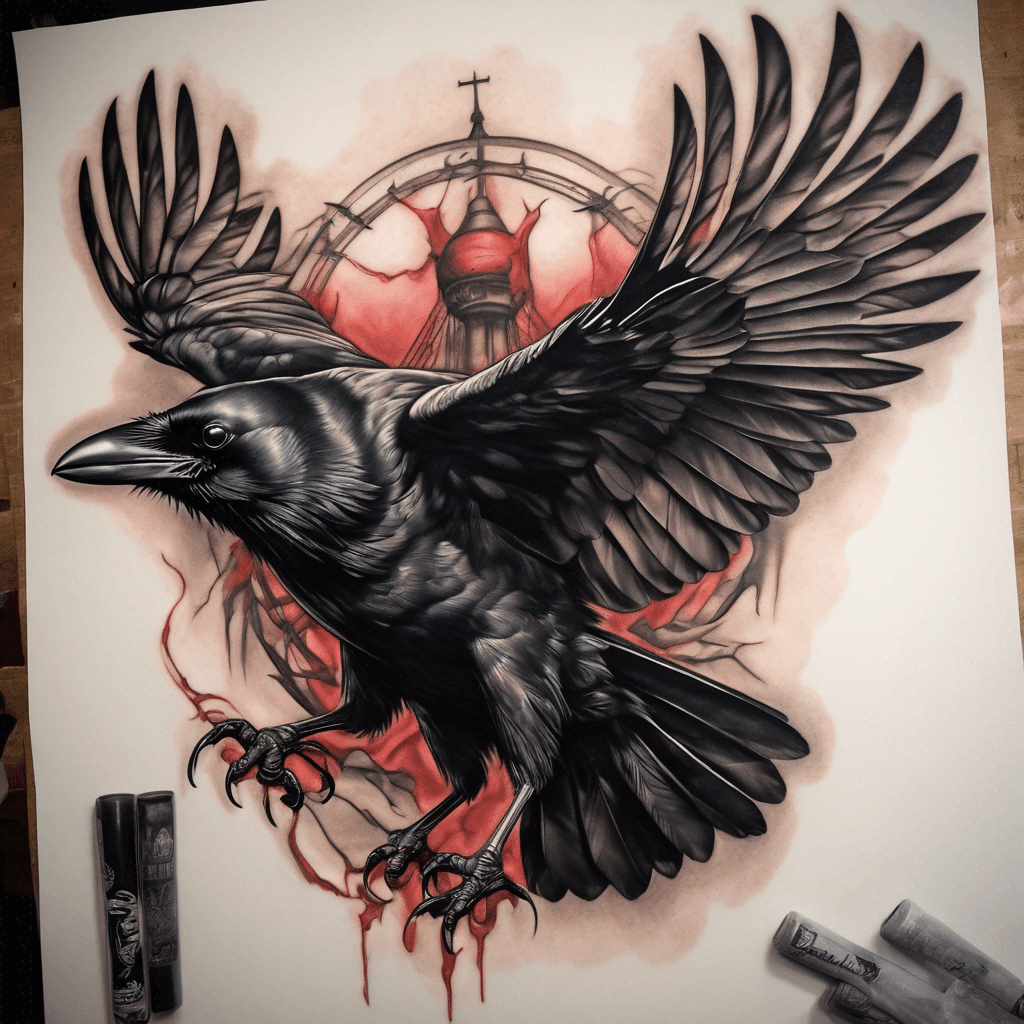 American traditional crow, wings spread, talons clutching a lifeless rat; bold black outlines, heavy gray shading, muted red accents, vintage feel