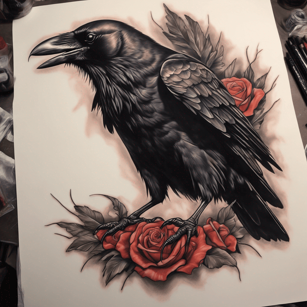 American traditional crow, wings spread, talons clutching a lifeless rat; bold black outlines, heavy gray shading, muted red accents, vintage feel