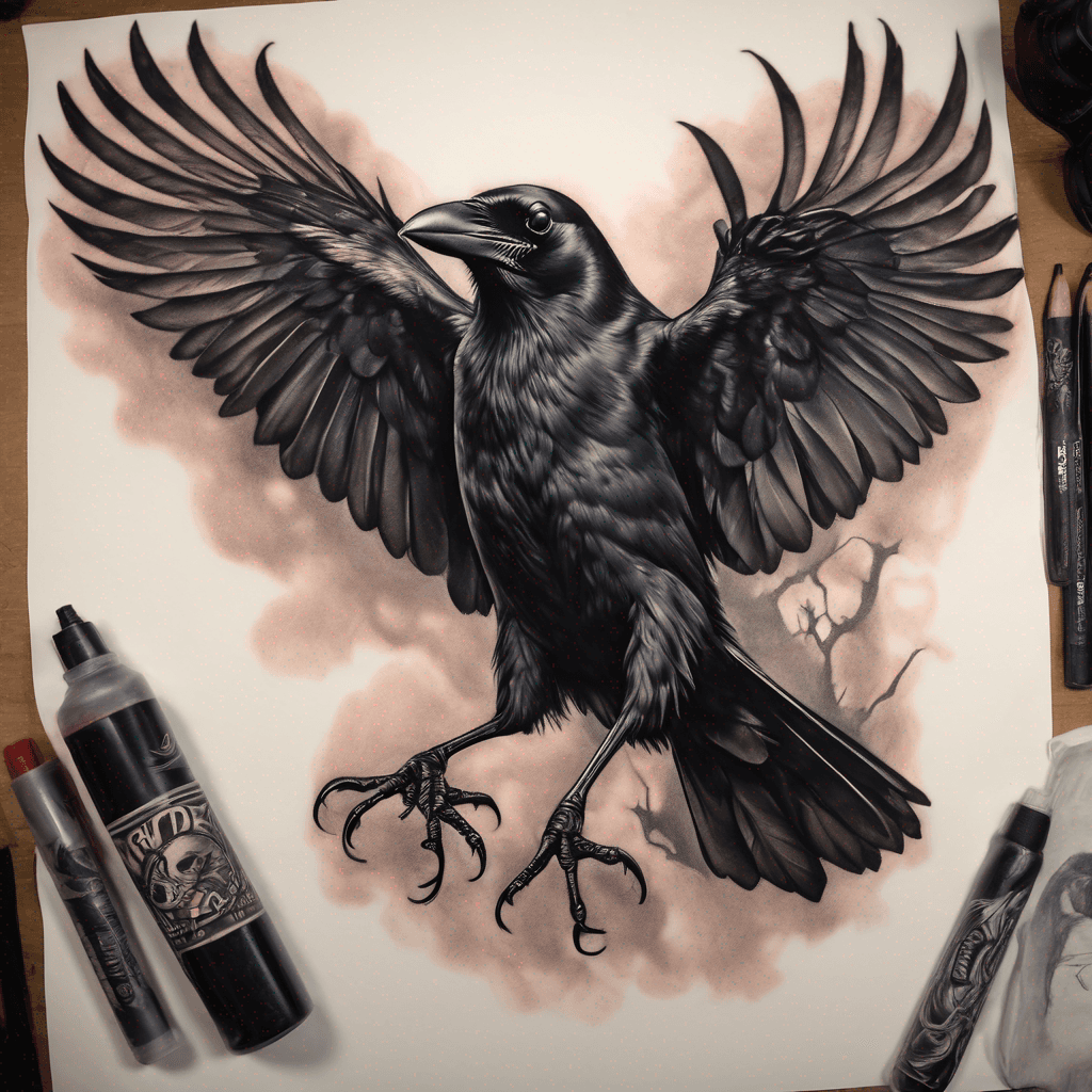 American traditional crow, wings spread, talons clutching a lifeless rat; bold black outlines, heavy gray shading, muted red accents, vintage feel