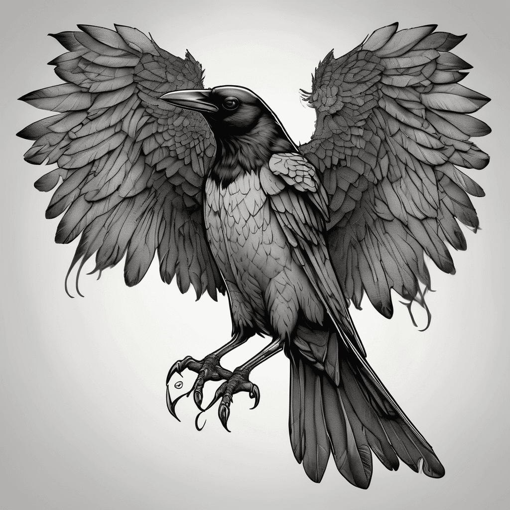 Front-facing crow, wings fully spread, bold blackwork with fine-line details, talons gripping a limp dead rat high-contrast shadowing, dotwork accents