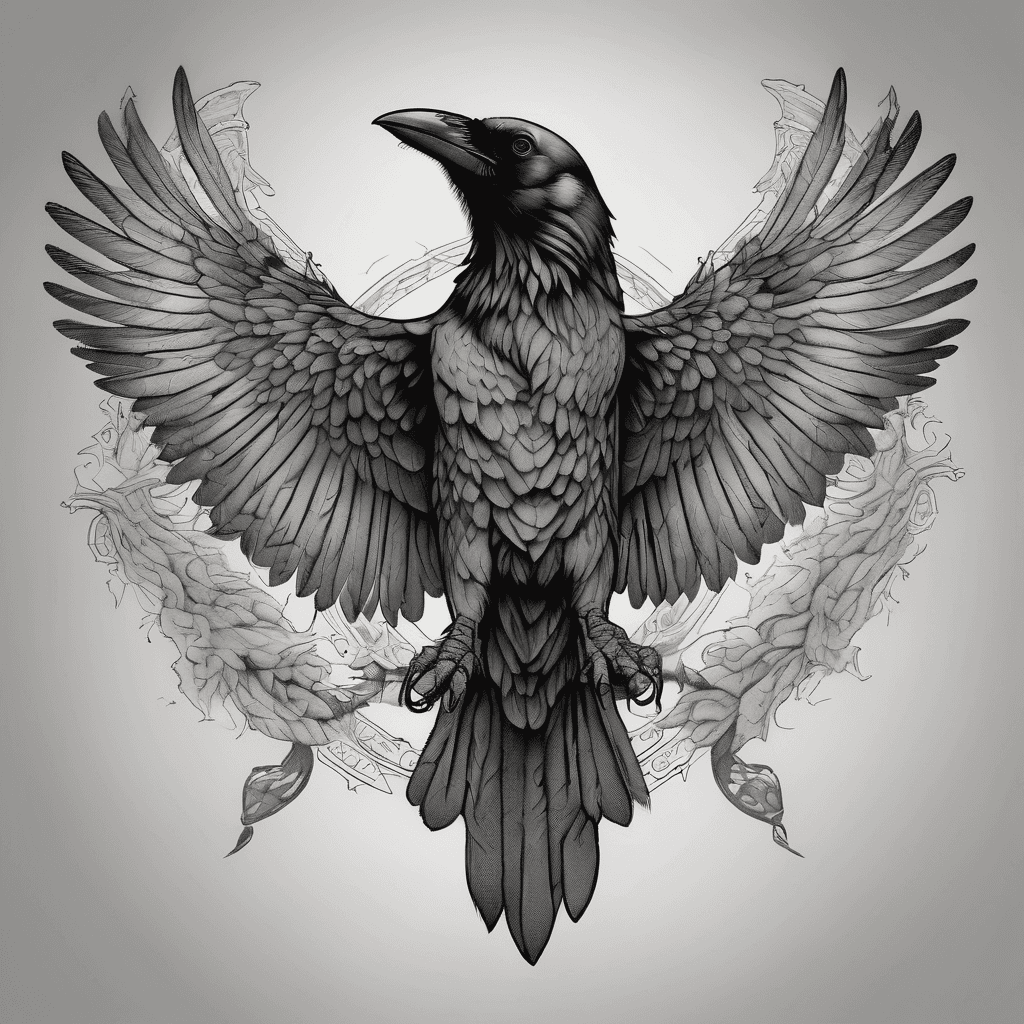Front-facing crow, wings fully spread, bold blackwork with fine-line details, talons gripping a limp dead rat high-contrast shadowing, dotwork accents