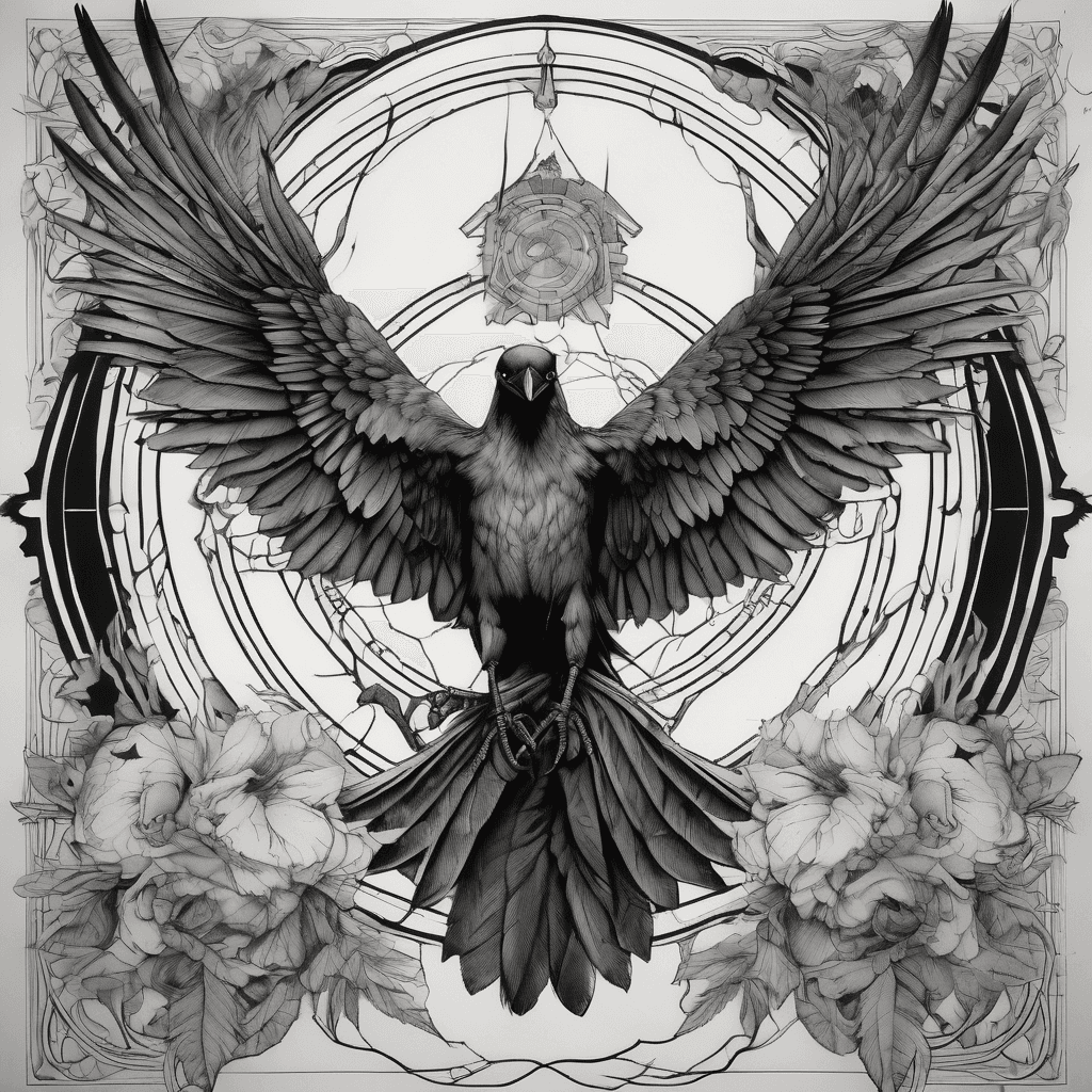 Front-facing crow, wings fully spread, bold blackwork with fine-line details, talons gripping a limp dead rat high-contrast shadowing, dotwork accents