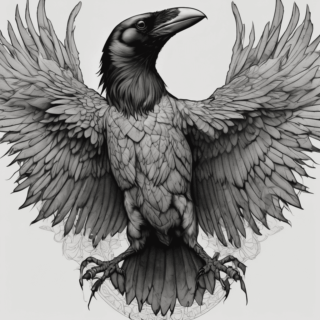 Front-facing crow, wings fully spread, bold blackwork with fine-line details, talons gripping a limp dead rat high-contrast shadowing, dotwork accents