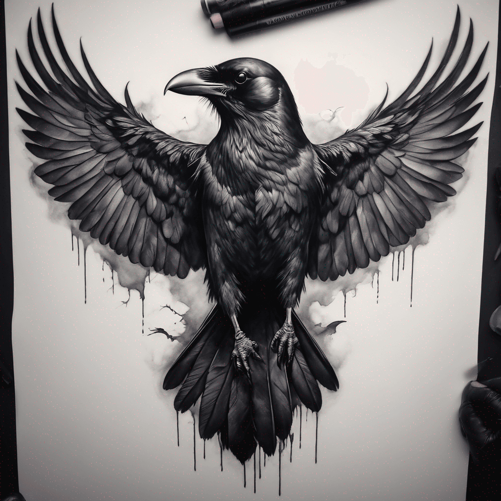 Front-facing crow, wings fully spread, bold blackwork with fine-line details, talons gripping a limp dead rat high-contrast shadowing, dotwork accents