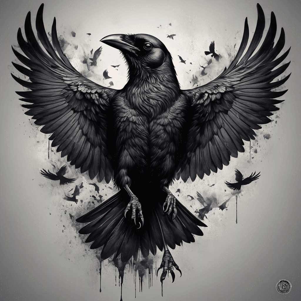 Front-facing crow, wings fully spread, bold blackwork with fine-line details, talons gripping a limp dead rat high-contrast shadowing, dotwork accents