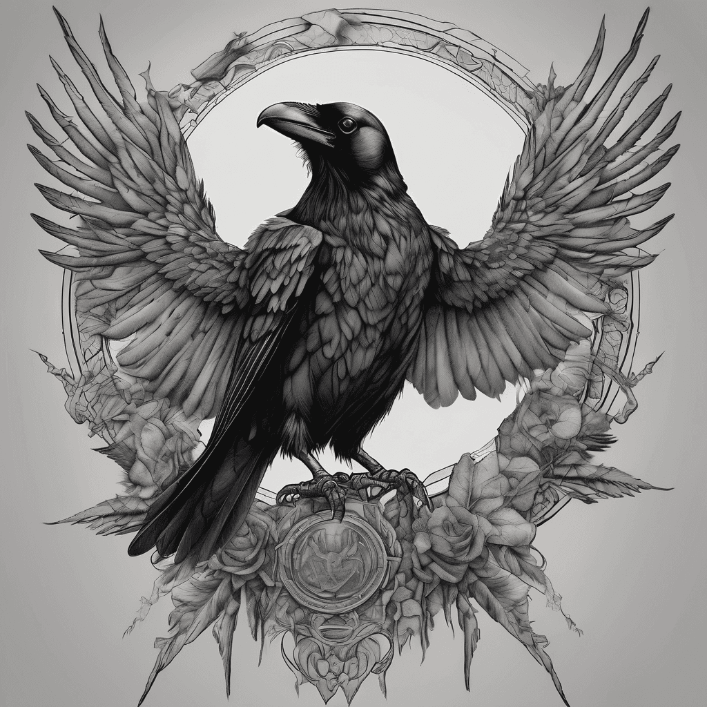 Front-facing crow, wings fully spread, bold blackwork with fine-line details, talons gripping a limp dead rat high-contrast shadowing, dotwork accents