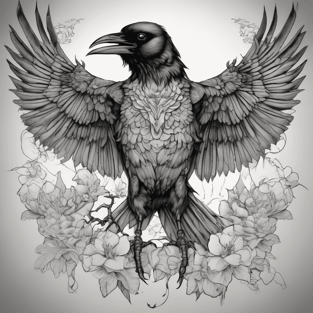 Front-facing crow, wings fully spread, bold blackwork with fine-line details, talons gripping a limp dead rat high-contrast shadowing, dotwork accents