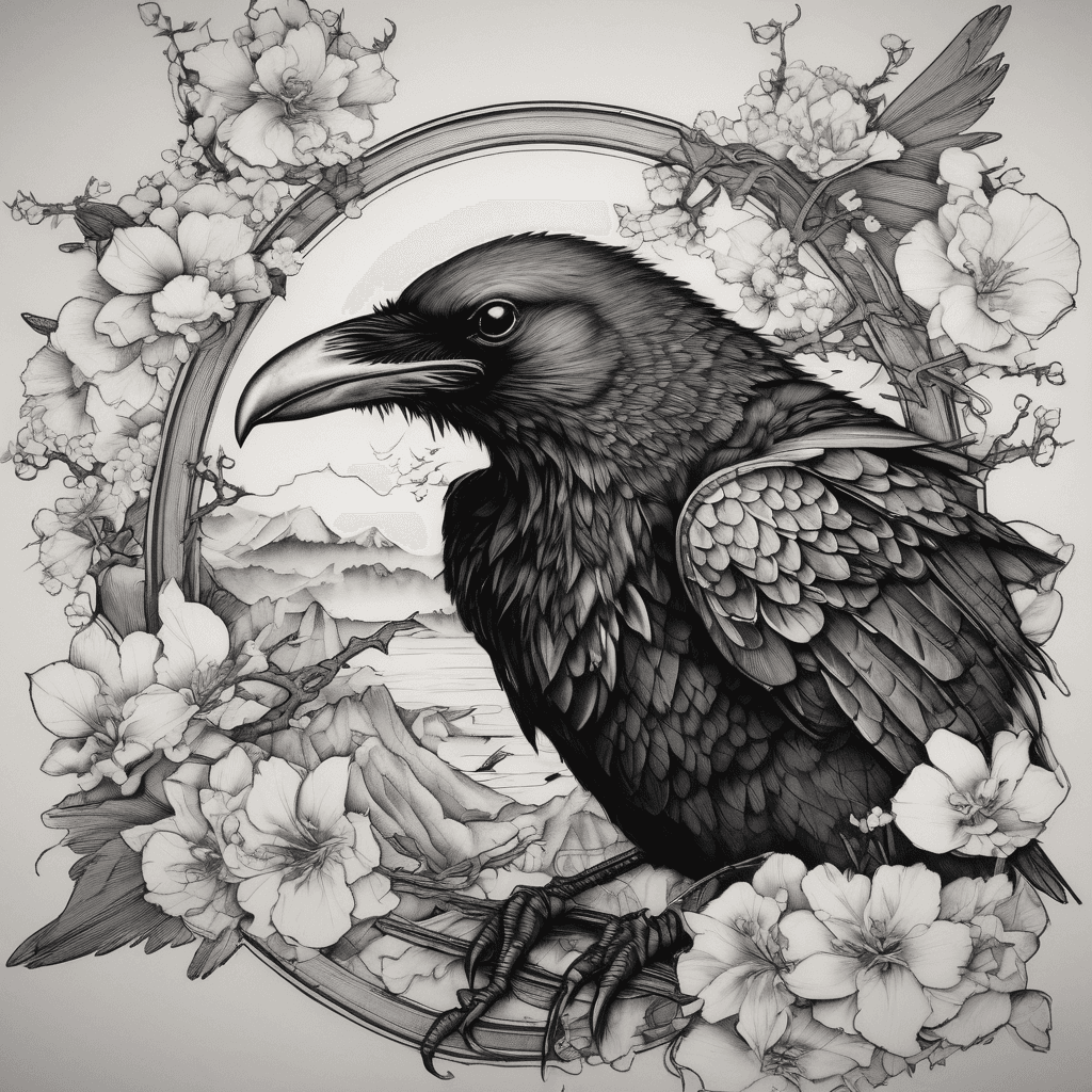 Front-facing crow, wings fully spread, bold blackwork with fine-line details, talons gripping a limp dead rat high-contrast shadowing, dotwork accents