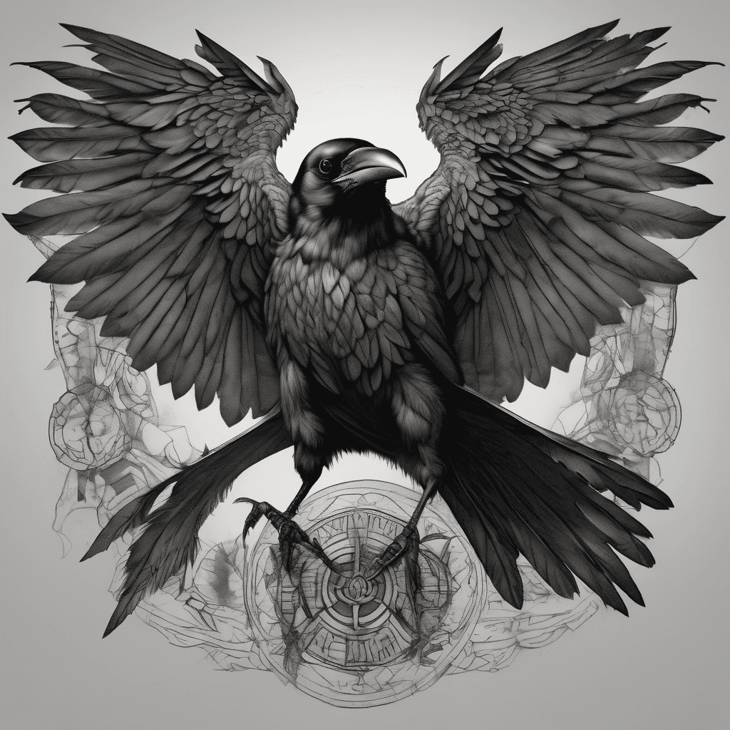 Front-facing crow, wings fully spread, bold blackwork with fine-line details, talons gripping a limp dead rat high-contrast shadowing, dotwork accents