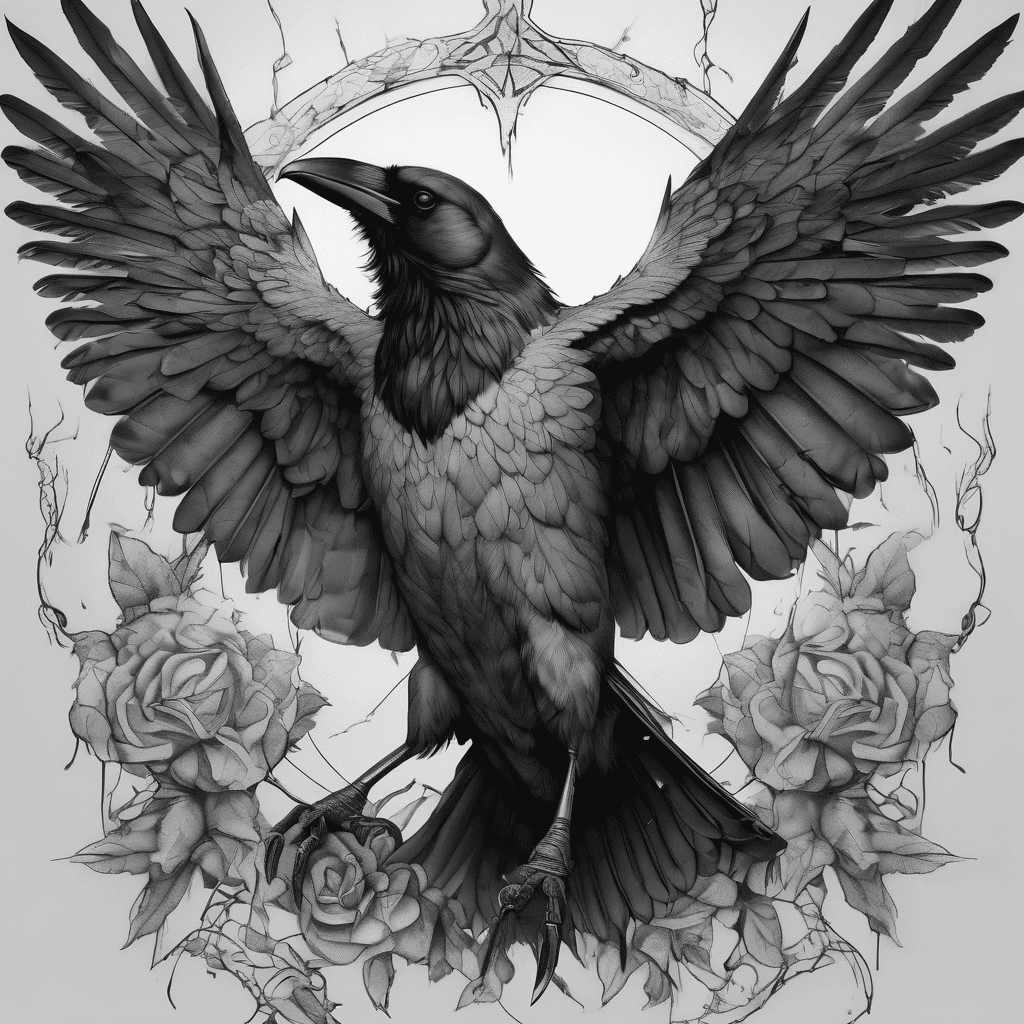 Front-facing crow, wings fully spread, bold blackwork with fine-line details, talons gripping a limp dead rat high-contrast shadowing, dotwork accents