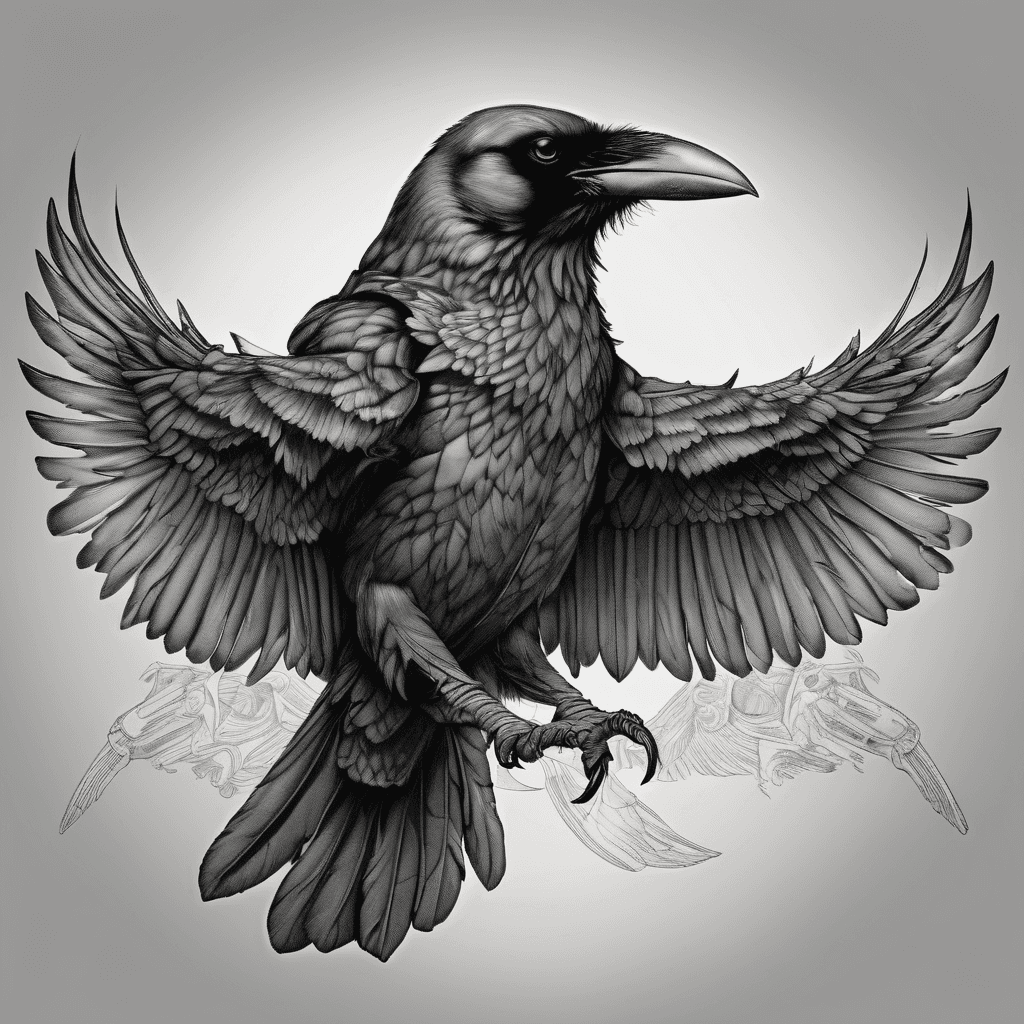 Front-facing crow, wings fully spread, bold blackwork with fine-line details, talons gripping a limp dead rat high-contrast shadowing, dotwork accents