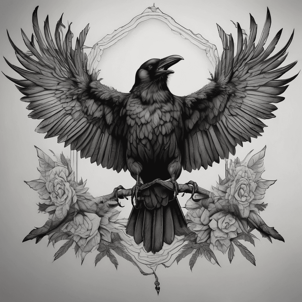 Front-facing crow, wings fully spread, bold blackwork with fine-line details, talons gripping a limp dead rat high-contrast shadowing, dotwork accents