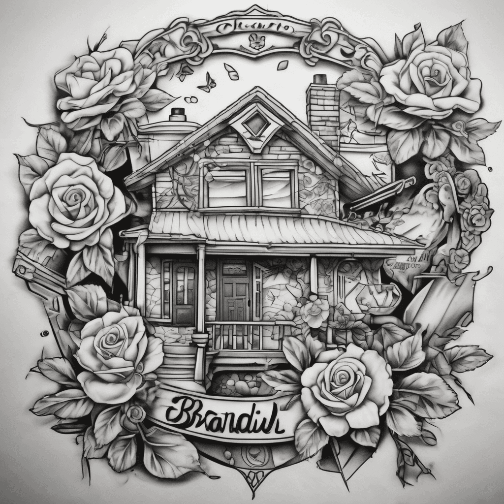 Create an image of a home plate with the name Brandi in it surrounded by a cherry blossom and roses and other signs of love