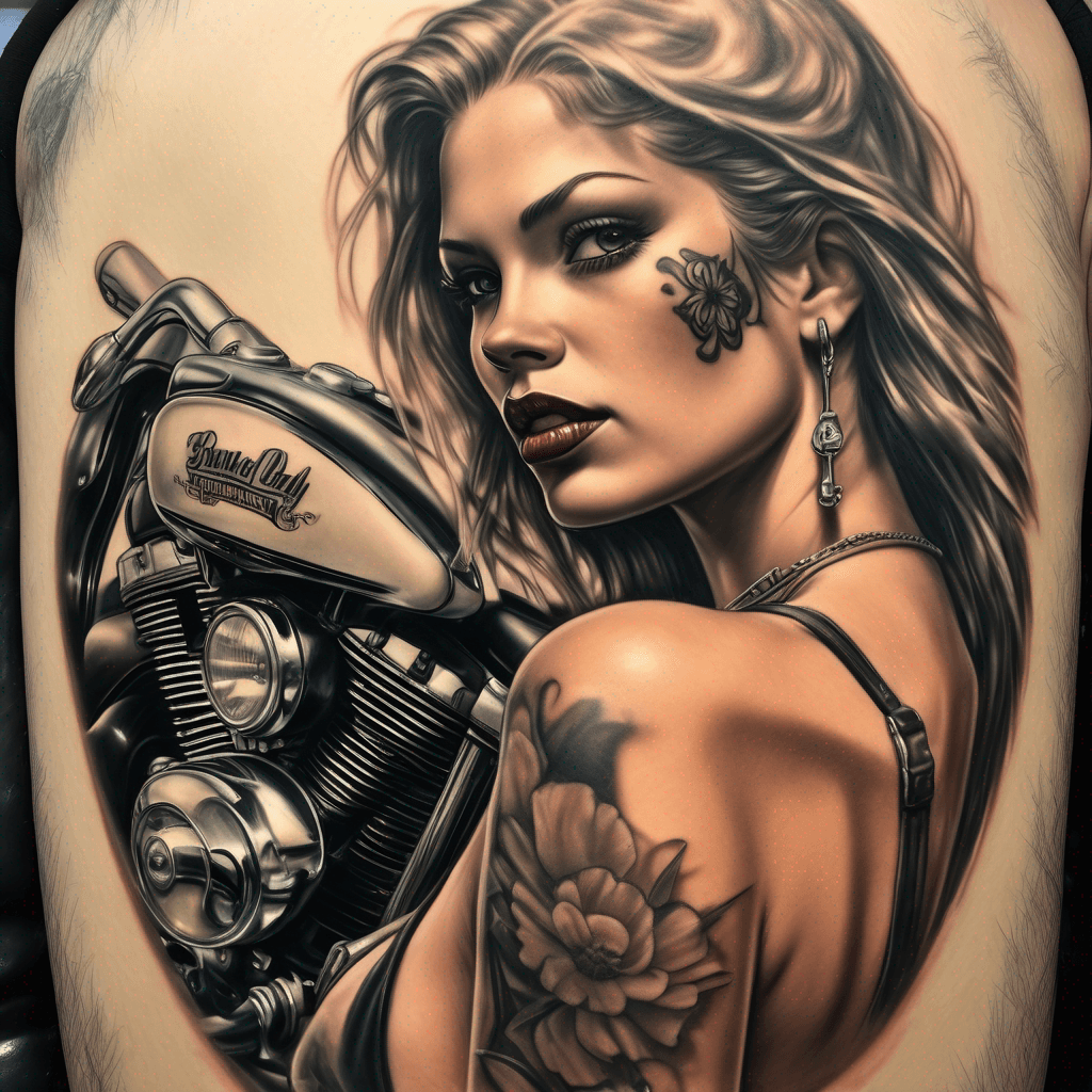 David Mann-style rear-view vintage Harley, king-queen seat, high sissy bar; sexy girl in Daisy Dukes & halter, flowing hair, Sean: girl who got away