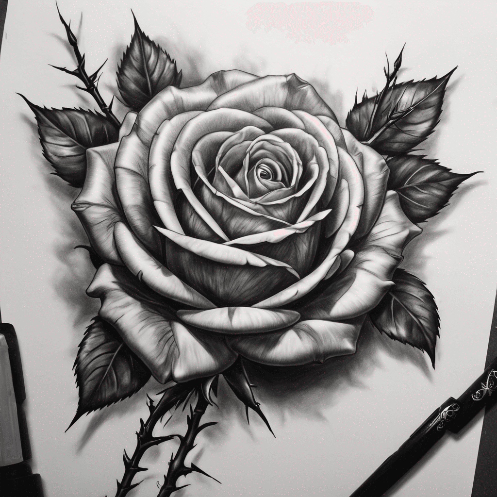I want a realistic rose, leaves, and thorns, (some rose buds are okay as well). lease have the design have multiple rose, clear thrones with some blood on it, and mov 3/4 of the way from my inner arm down.