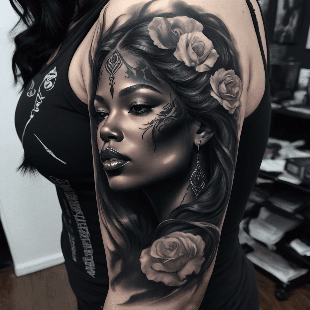Dark realism black and grey tattoo sleeve. Shoulder: veiled Black
woman as the personification of Wisdom — 80% dissolved into solid
black shadow and smoke, face mostly hidden, one edge-lit contour
only (jawline OR profile, not both), no fully rendered features,
calm and regal presence, not a portrait. Upper arm to elbow:
abstract heavy blackwork, smoke and shadow forms, white rim-light
accents. Forearm: single realistic human
eye, calm, high contrast — the ONLY fully rendered feature on the
sleeve. Black tapers out at the wrist. Cold tones, dense saturated
blacks, gritty hard-edged shading, white ink highlights. Calm, not
horror.